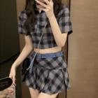 Short-sleeve Crop Plaid Shirt / Belted A-line Skirt
