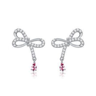 925 Sterling Silver Elegant Bow Stud Earrings With Austrian Element Crystal Silver - One Size