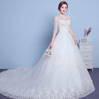 Elbow-sleeve Sequined Lace A-line Wedding Gown