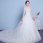 Elbow-sleeve Sequined Lace A-line Wedding Gown