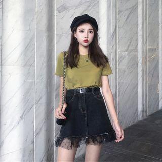 Set: Short Sleeve Plain T-shirt + Mesh Panel Denim A-line Skirt