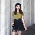 Set: Short Sleeve Plain T-shirt + Mesh Panel Denim A-line Skirt