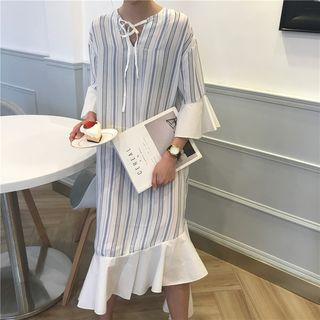 Striped Flounced 3/4 Sleeve Midi Chiffon Dress