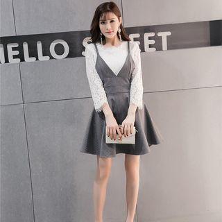 Set: 3/4-sleeve Lace Top + Strappy A-line Dress