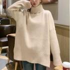 Turtleneck Plain Slit Sweater