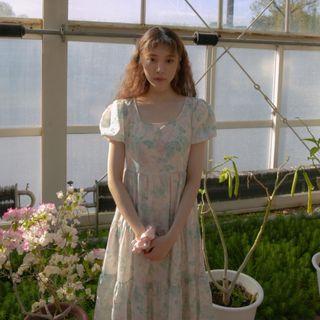 Floral Print Short-sleeve Maxi A-line Dress As Shown In Figure - One Size