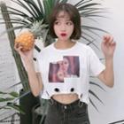 Short Sleeve Print Ring Accent Hem Cropped Top