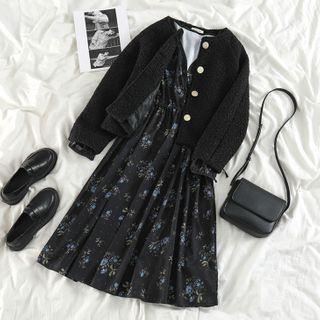 Fleece Jacket / Floral Print Long-sleeve Dress