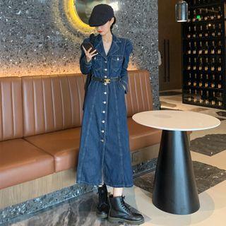 Notch Lapel Midi A-line Denim Shirtdress