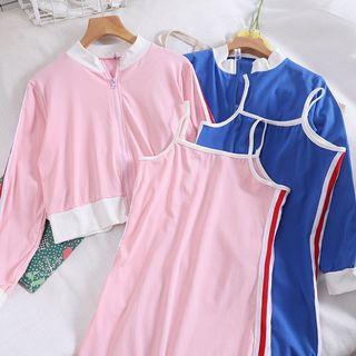 Set Of 2: Long-sleeve Light Jacket +spaghetti Strap Dress