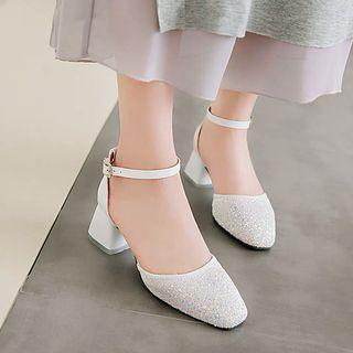 Sequined Ankle Strap Block Heel Sandals
