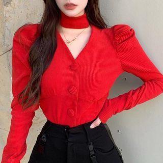 Puff-sleeve Halter Cardigan