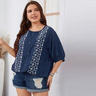 Plus Size Puff-sleeve Floral Blouse