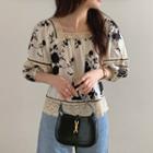 Elbow-sleeve Square-neck Floral Top White - One Size