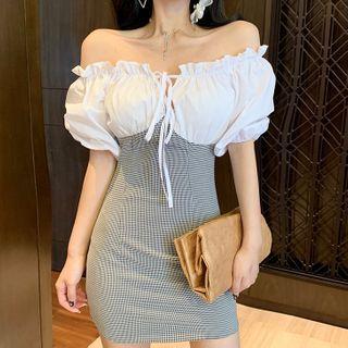 Puff-sleeve Off-shoulder Checked Mini Bodycon Dress