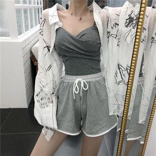 Long-sleeve Printed Shirt / Camisole / Drawstring Shorts