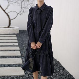 Corduroy Midi A-line Shirtdress With Tie-neck