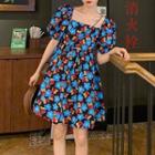 Square-neck Flower Printed Puff-sleeve Dress