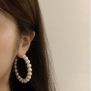 Faux Pearl Open Hoop Earring 1 Pair - 925 Silver Needle - Pearl White - One Size