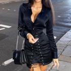 Long-sleeve V-neck Tie-waist A-line Dress