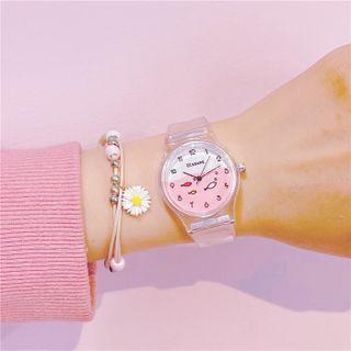 Set: Fish Transparent Strap Watch + Flower Bead Bracelet