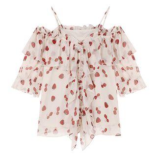 Strawberry Cold Shoulder Elbow-sleeve Top