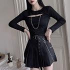 Long-sleeve Chained Crop Top / Pleated Skirt
