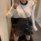 Set: Ruffled Pointelle Knit Top + Plaid Ruffle Hem Mini Pencil Skirt
