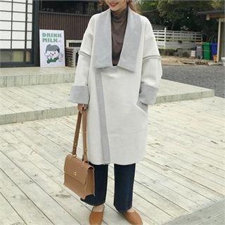 Wide-collar Contrast-trim Coat Ivory - One Size