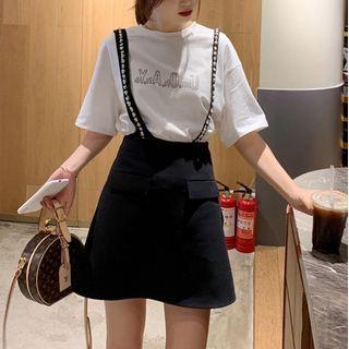 Set: Lettering Short-sleeve T-shirt + Mini Suspender Skirt