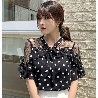 Elbow-sleeve Lace Paneled Polka Dot Blouse