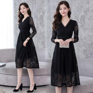 Gathered-waist Long-sleeved A-line V-neck Lace Dress