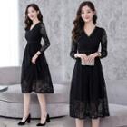 Gathered-waist Long-sleeved A-line V-neck Lace Dress
