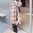 Mock Two-piece Plaid Hooded Button-up Long Coat