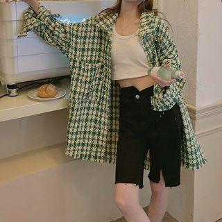 Frayed Plaid Long-sleeve Shirt Green & White - One Size