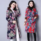 Floral Print Hooded Fleece Lined Long Coat
