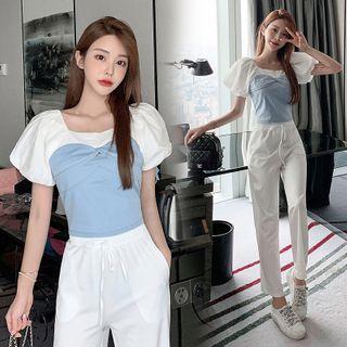 Puff Sleeve Square Neck Denim Panel Cropped Top