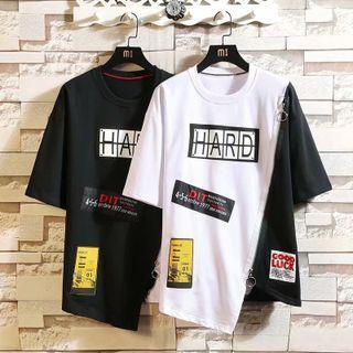 Elbow-sleeve Lettering Print Two-tone Zip T-shirt