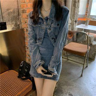 Bodycon Denim Spaghetti Strap Dress / Frayed Pocket-detail Cropped Denim Jacket
