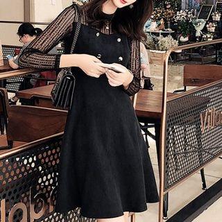 Lace Panel Buttoned Corduroy A-line Dress