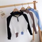 Color-block Zip Knit Long-sleeve Top