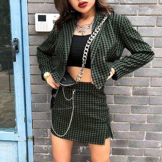 Checked Double-breasted Crop Blazer / High Waist Mini Pencil Skirt