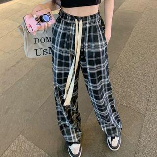 High Waist Plaid Loose Fit Pants Plaid - Black - One Size