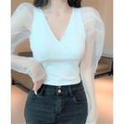 Puff-sleeve Mesh Blouse White - One Size