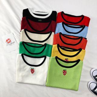 Strawberry-embroidered Summer-knit Crop Top