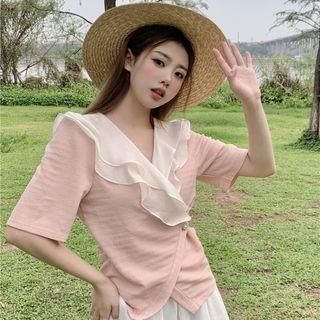 Short-sleeve Asymmetrical Ruffled Blouse / Midi A-line Skirt