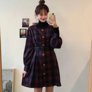 Long-sleeve Plaid Dress Plaid - Dark Blue & Red - One Size