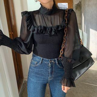 Bishop-sleeve Knit-panel Frilled-trim Blouse