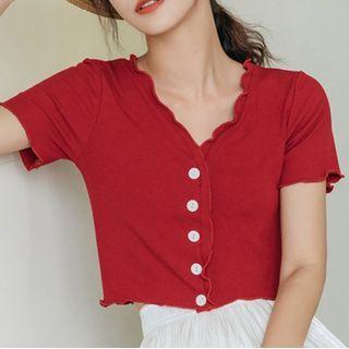 Short-sleeve Ruffle Trim T-shirt / Plaid Shorts / Midi A-line Skirt