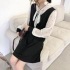 Mock Two-piece Long-sleeve Knit Panel Mini A-line Dress